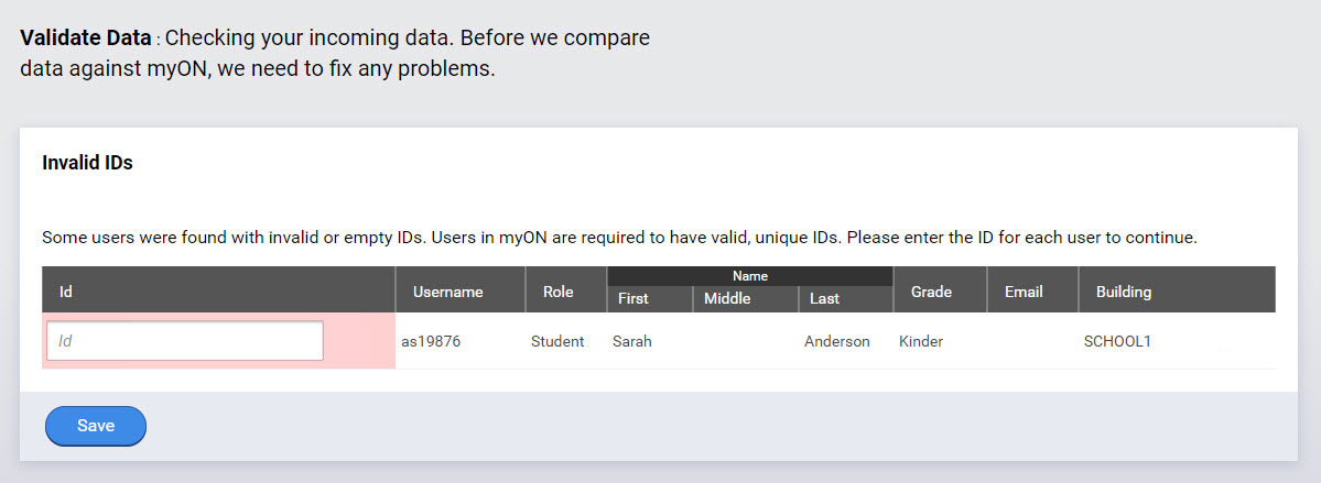 example of the blank IDs message with an ID field to fill in for a user