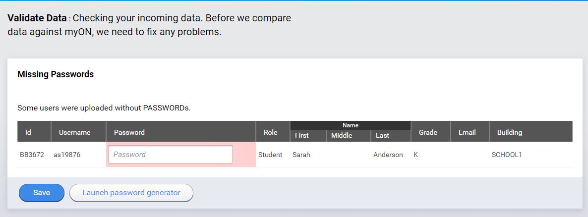 example of the Missing Passwords message with a password field to fill in for a user