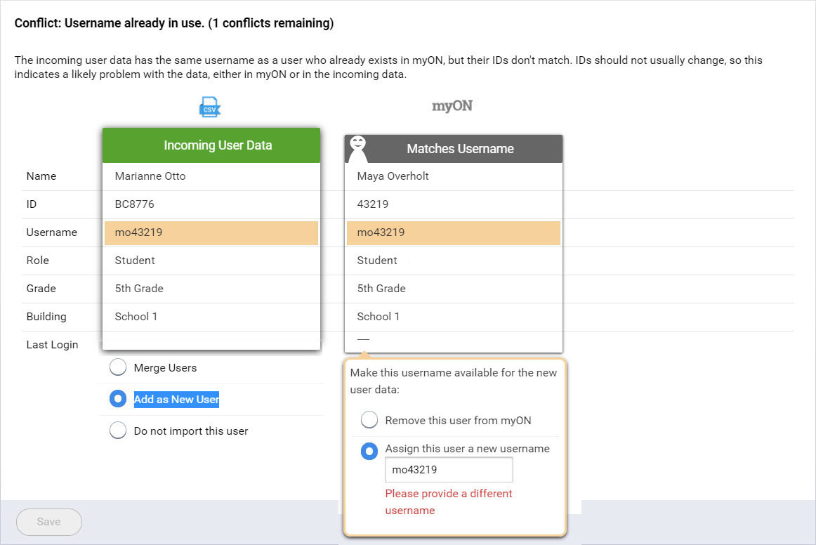 Example of a user name conflict an resolution options