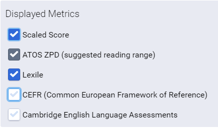 displayed metric settings: scaled score, atos ZPD, CEFR, Cambridge
