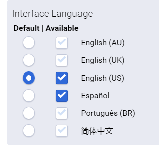 interface language settings for default and available