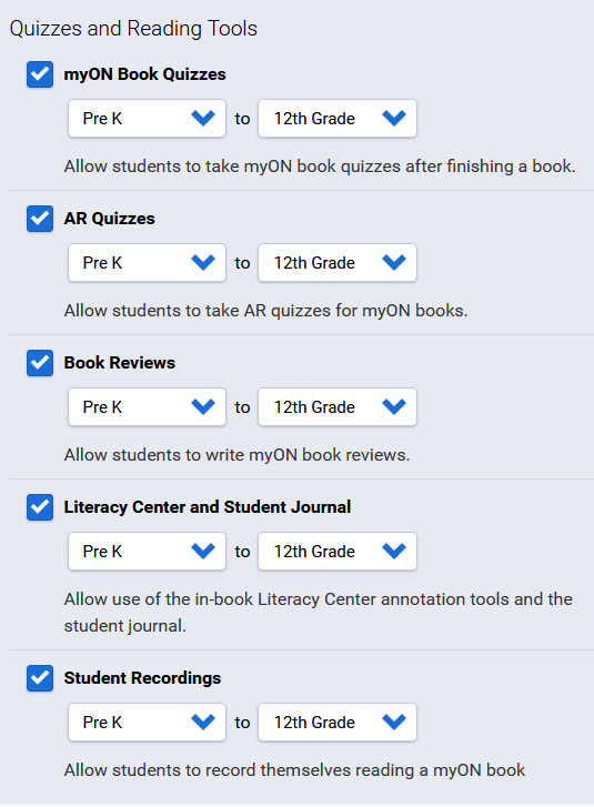 quizzes and reading tools settings