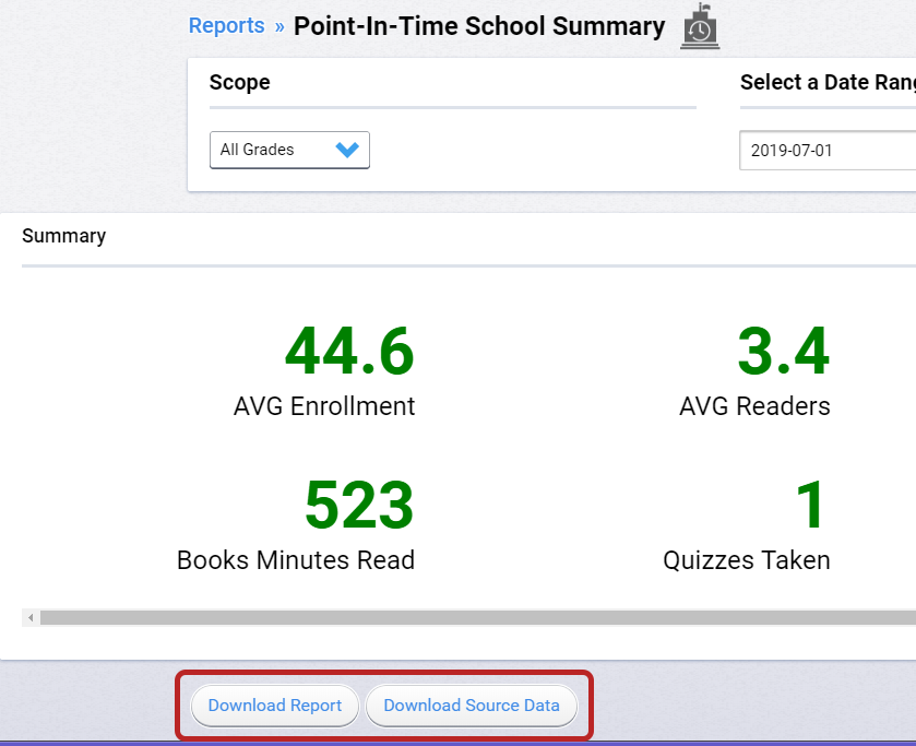 Point-In-Time School Summary with Download Report and Download Source Data options