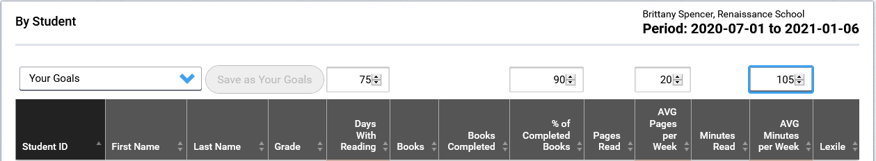 report example with goal fields