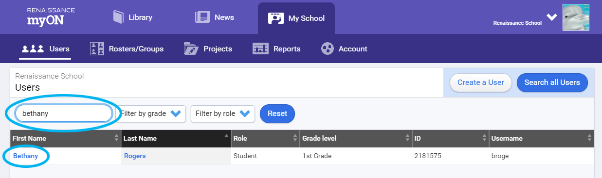 find and select the student