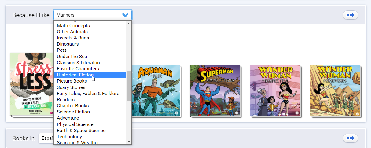 example of the drop-down list in the because I like book band