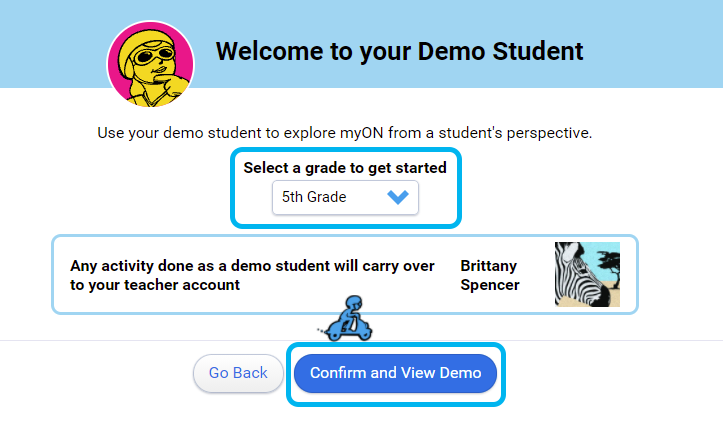 Demo student select grade level and confirm and view demo
