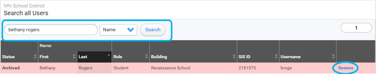 find the user, then select Restore