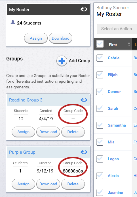 find group codes for each group under Groups