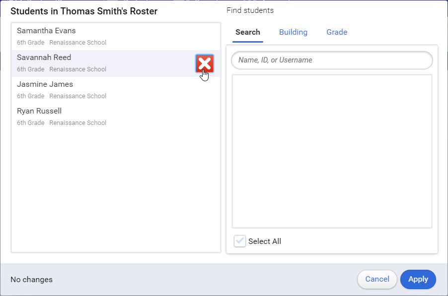 to delete a student, select the X next to the student's name and select Apply