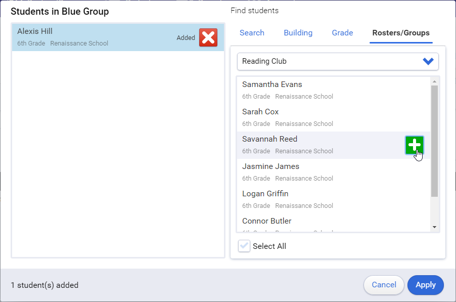 find students to assign by rosters or groups