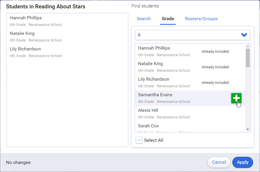 find students to assign by grade