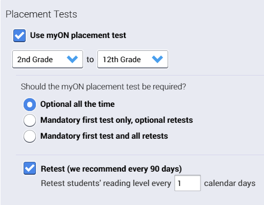 the placement test settings available in the building settings