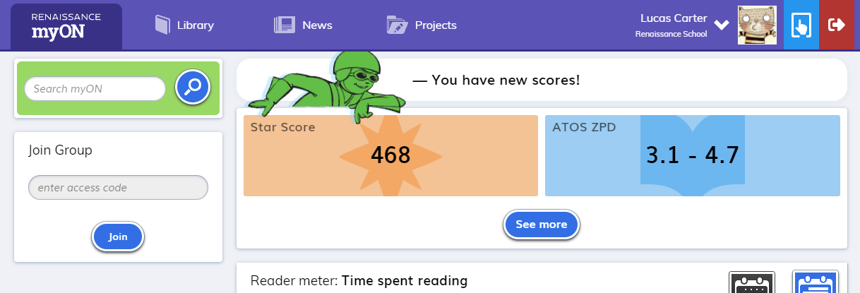 myON placement scores on the student dashboard