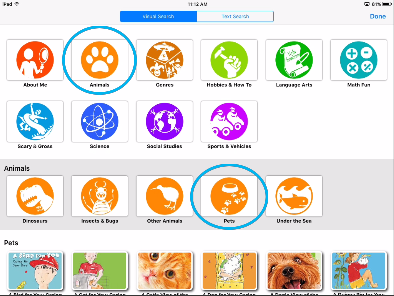 an example showing the Animals category and the Pets subcategory selected