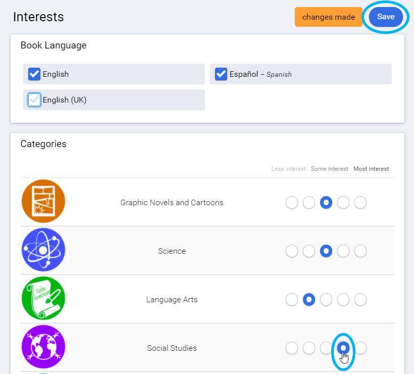 example of interests page with circles