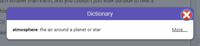 example of a dictionary window for a vocabulary word