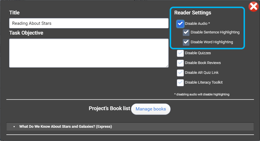 example of a reading task with audio disabled in the reader settings
