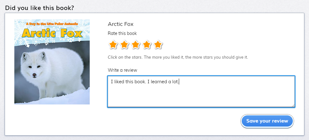 an example of the page where the student enters a book review