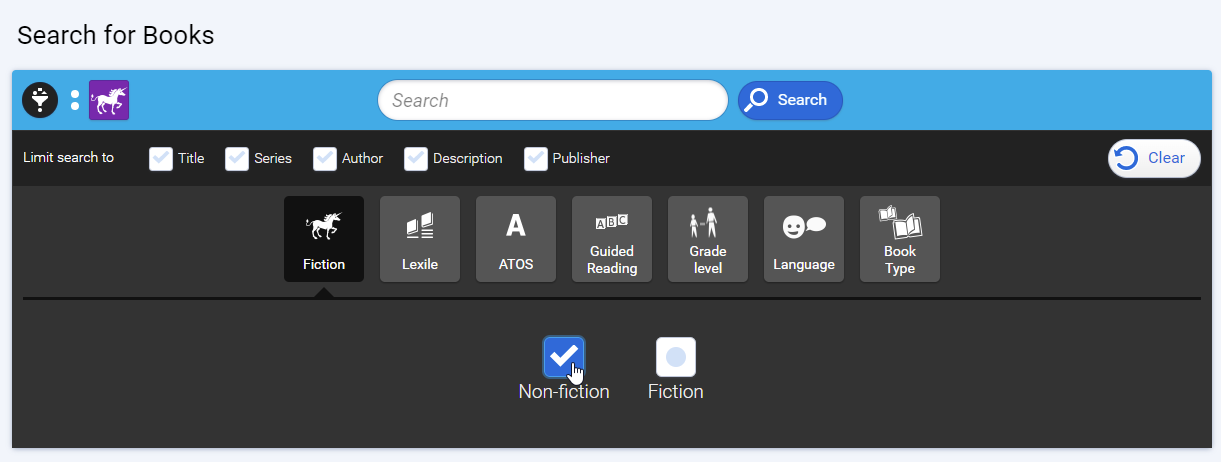 Fiction filter options for older students and teachers