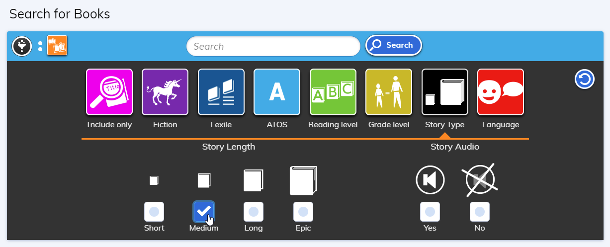 Story Type filter options for younger students