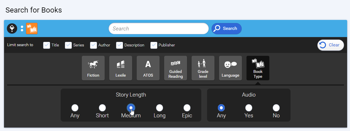 Book Type filter options for older students and teachers