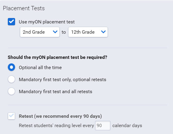 the myON placement test settings