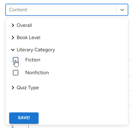 Accelerated Reader options in the Content drop-down list