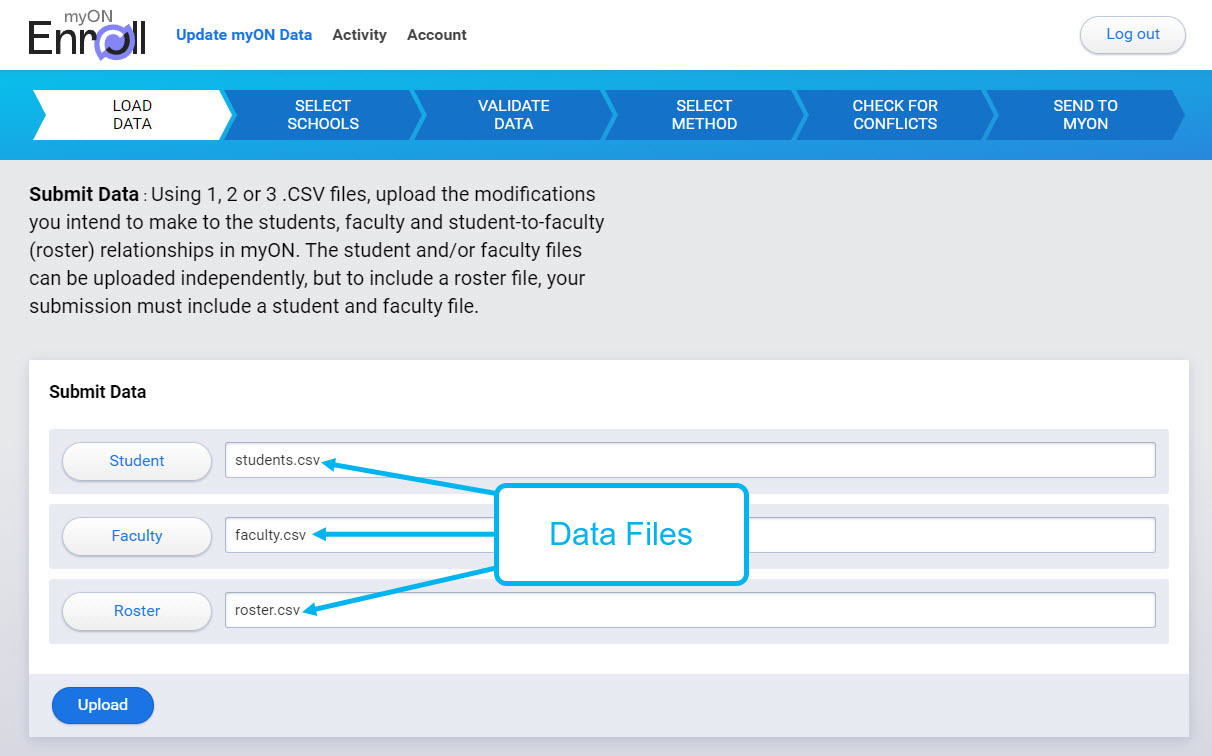 the fields for uploading the three data files