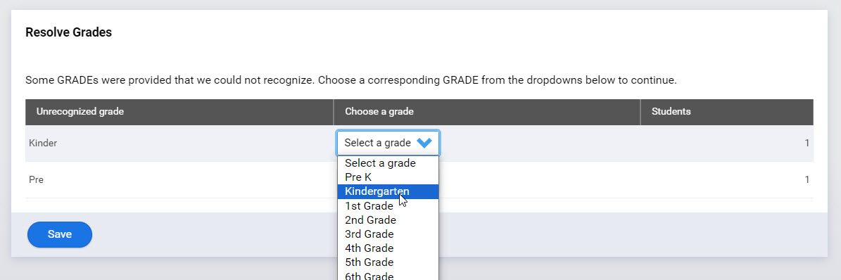 an example of a grade being selected for a student whose grade information was not recognized