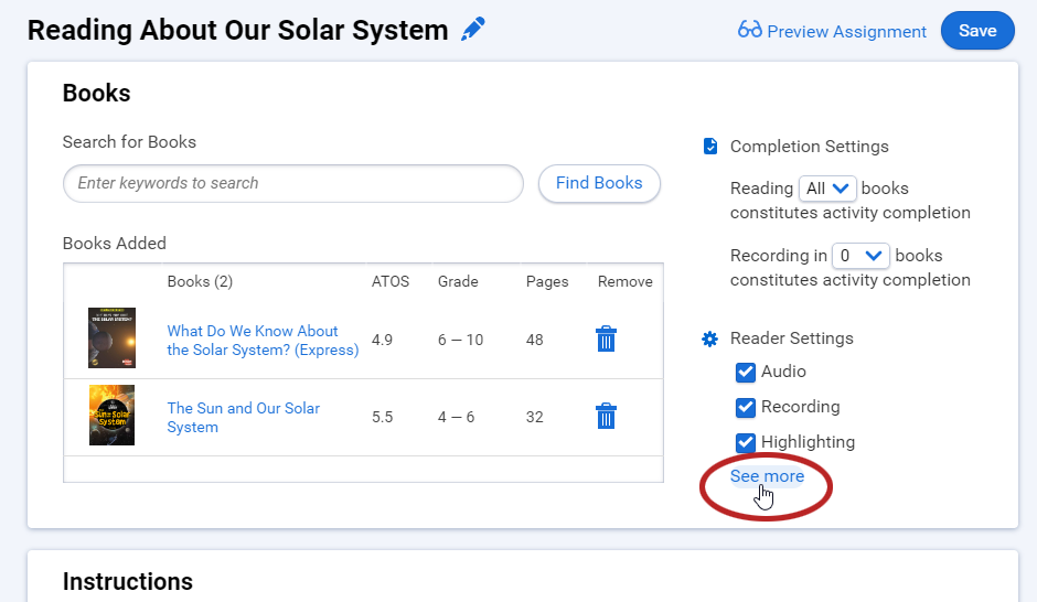 the See more link under Reader Settings in an assignment