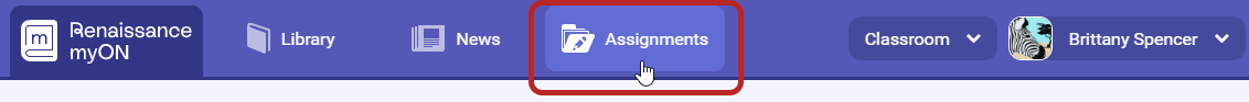 the Assignments link at the top of any myON page
