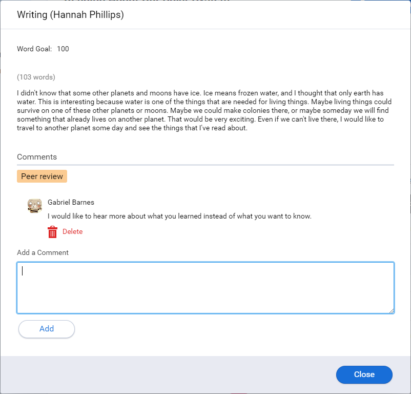 an example of a student's writing with a peer reivew and the Add a Comment field
