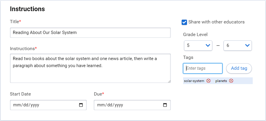 an example of the Instructions section of the page