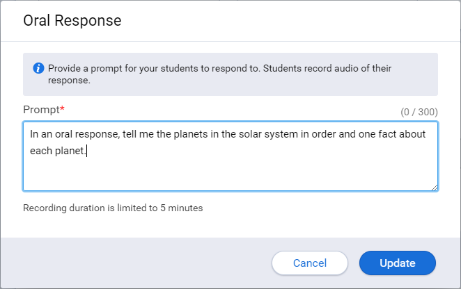 the Oral Response activity edit window