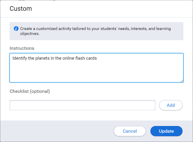 the custom activity edit window