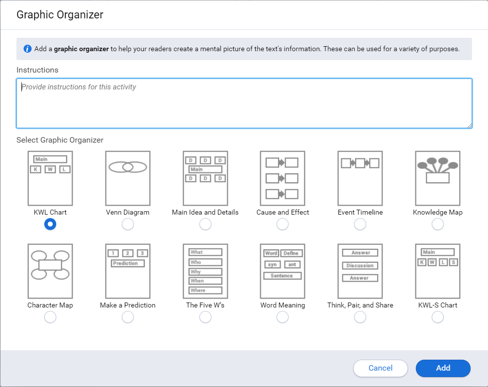 the window for adding a graphic organizer to an assignment