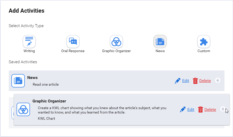 an example of a graphic organizer in an assignment's activity list, being moved from one position to another