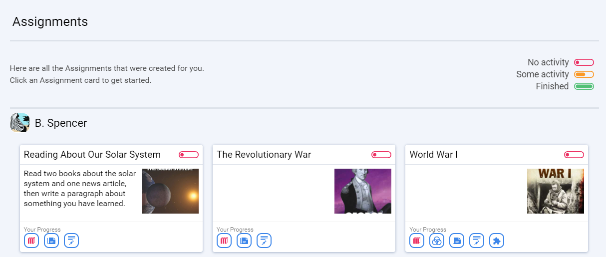 an example of a student's Assignments page with a graphic organizer icon shown on one assignment