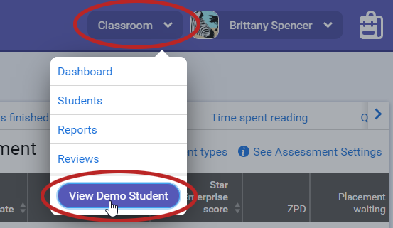 select the Classroom menu, then View Demo Student