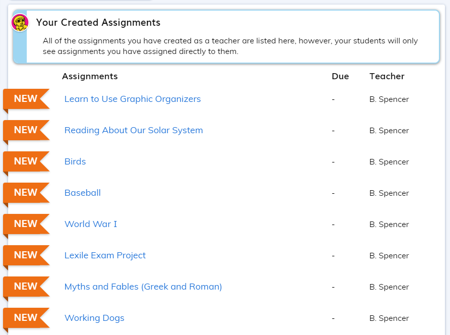 the Assignments list in demo mode