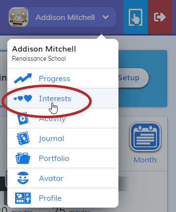 select your name, then select Interests in the menu that opens