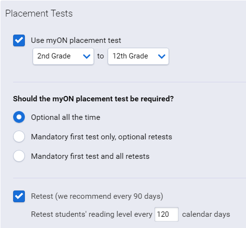 the building administrator's placement test settings