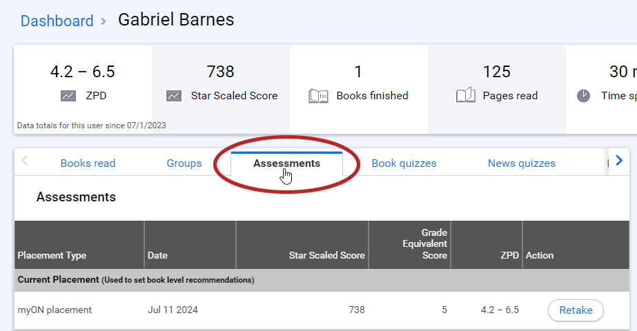 the Assessments tab on the student information page