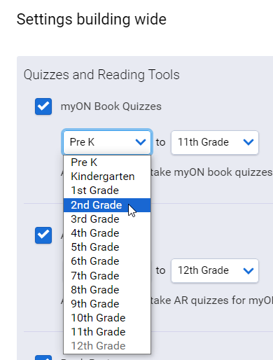using the first drop-down list to change the minimum grade level for quizzes