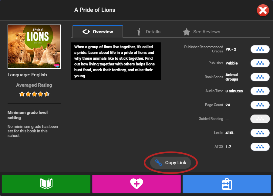 the Copy Link button toward the bottom of the book information window