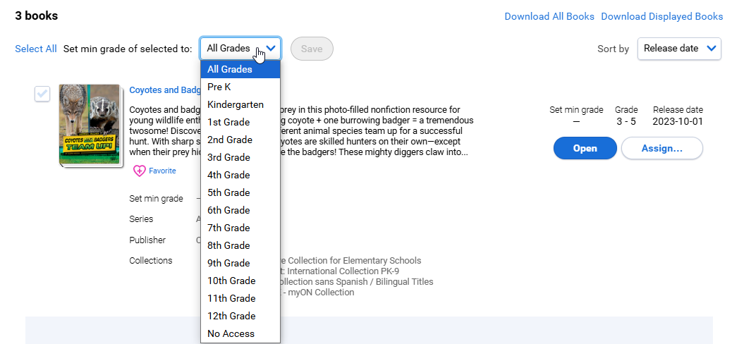 the Set min grade of selected to drop-down list
