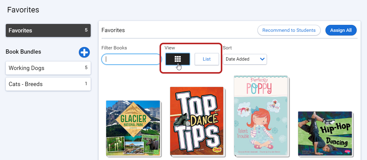 the view options - grid or list