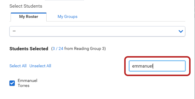 an example of a search for a specific student, with the name entered and the student's name checked in the results