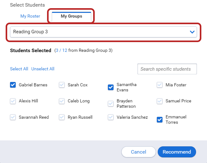 the My Groups tab with a group selected and students checked